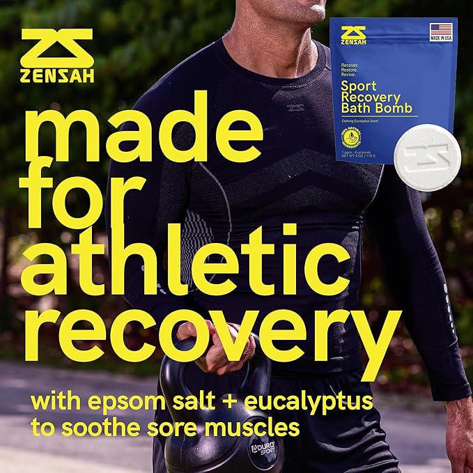 Zensah Sport Recovery Bath Bombs - Magnesium Epsom Salt for Soaking Sore Muscles, Christmas Stocking Stuffers, Made in USA with Essential Oils, Peppermint and Eucalyptus Relaxation for Athletes