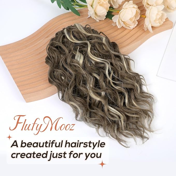Flufymooz Ponytail Extension, 12" Short Claw Ponytail Extension Wavy Curly Jaw Clip in Pony tails Hair Extension Natural Synthetic Hairpiece for Women (Medium Brown Ash Blonde)