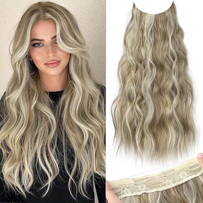KooKaStyle Invisible Wire Hair Extensions with Transparent Headband Adjustable Size 4 Secure Clips Long Wavy Secret Wire Hairpiece for Women(24 Inch Dirty Blonde Mixed Bleach Blonde)