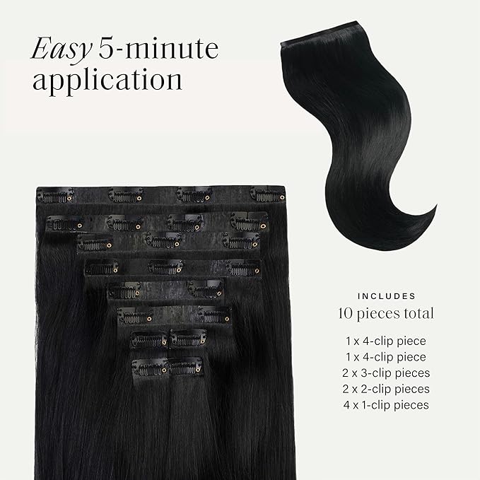 Luxy 100% Remy Human Hair - Seamless Clip-In Hair Extensions - Multi-Dimensional Color for Natural Blending, Adds Volume & Length 50 grams 12" Jet Black Seamless