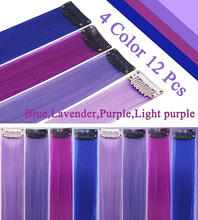 12 PCS 20 inch Blue&Purple&Lavender&Light Purple Wig Pieces Colorful Party Highlights Clip in Coloured Hair Extensions Multicolors Straight Synthetic Hairpieces for Women Kids Girls