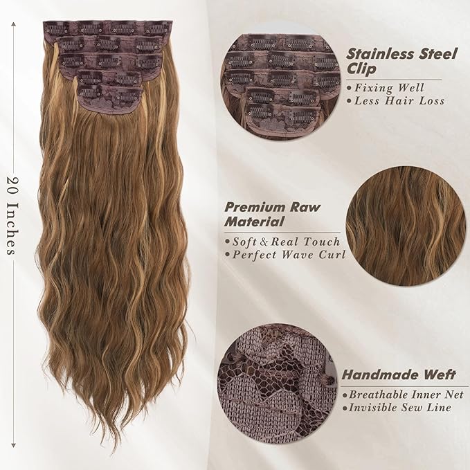 BARSDAR Wavy Clip in Hair Extensions - 20 Inch Highlight Clip in Hair Extensions for Women - 5PCs Thick Soft Synthetic Hairpieces Daily Party Halloween - Brown & Caramel Blonde