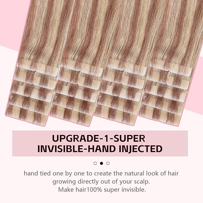 Invisible Tape in Hair Extensions Real Human Hair 3rd-Generation #10/27/27 Ash Brown to Caramel Blonde 20pcs 50g 22inch Insert Hand-Tied Invisi Edge Tape ins Extensions（#10/27/27-22inch）
