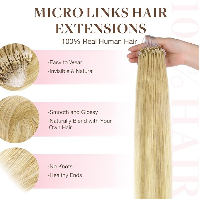 GOO GOO Micro Link Tip Hair Extensions Real Human Hair, 14inch 50g 50S, Cold Fusion Micro Link Tip, Invisible Remy Hair Extensions, 18AT60A Pearl Ash Blonde Highlights