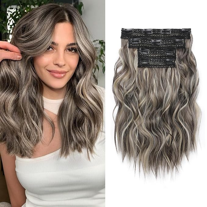 Hair Extensions, 14" Short Clip in Hair Extensions 4PCS Beach Wave Blonde Natural Soft Synthetic Hairpiece for Women - Ash Brown with Highlights