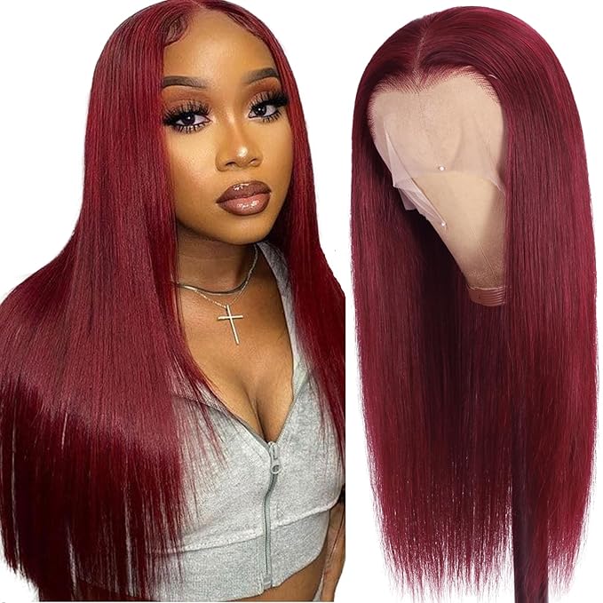 99j Burgundy Lace Front Wigs Human Hair 13x6.5 HD Burgundy Colored Lace Front Wigs Human Hair 250% Density Glueless Straight Wigs Human Hair Pre Plucked with Baby Hair (24 inch, 99j)