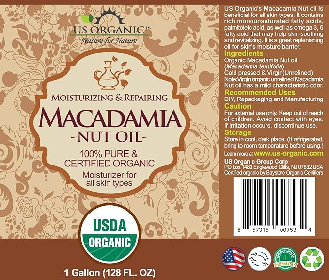 US Organic Macadamia Nut Oil Unrefined Virgin, Certified Organic, Pure & Natural, Cold Pressed, Size for DIY and small manufacturers (128 oz (1 Gallon))