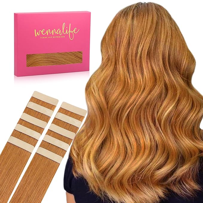 WENNALIFE Tape in Hair Extensions Human Hair Auburn Ginger Tape in Extensions, 10pcs 25g 18 inch Remy Invisible Tape Ins Straight Colored Soft Real Human Hair Tape in Extensions Refill Set Extensions