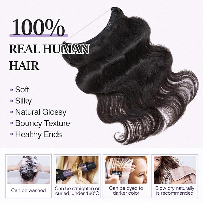 Halo Hair Extensions Real Human Hair,Halo Hair Extension 100% Human Hair,Wire Hair Extensions,Wavy 1B Natural Black 18inch/65g