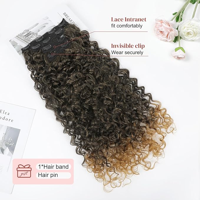 LONAI 4PC Clip in Hair Extensions, 100％ Pure Protein Silk Curly Hair Extension for Women, 26 Inch Long Soft Natural Hair Extensions-Brown to Dirty Blonde