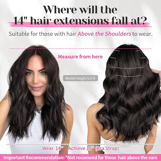 KooKaStyle Short Hair Extensions 6PCS 14 Inch Wavy Curly Hairpieces Synthetic Soft Lace Weft Clip in Hair Extensions-Black for Women