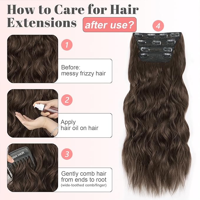 ALXNAN Clip in Hair Extensions for Women,Chocolate Brown with Dark Brown Long Wavy Hair Extensions Clip Ins 4PCS 20 Inch Synthetic Soft and Natural Thick Hair Pieces for Women