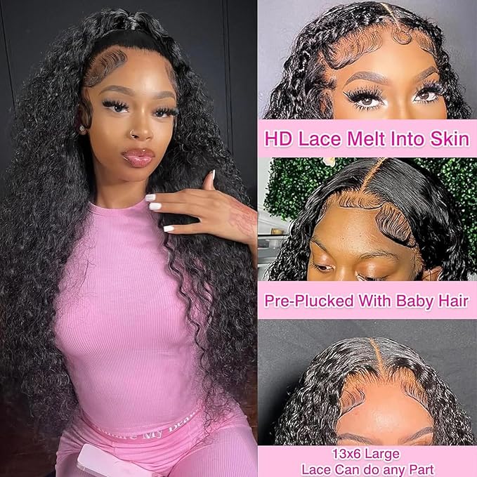 40 Inch Wig Human Hair 180% Density 13x6 Deep Wave Lace Front Wigs Human Hair HD Lace Frontal Curly Wigs Pre Plucked, Real Human Hair No Synthetic Blend No Tangle No Shedding Triple Lifespan 3X