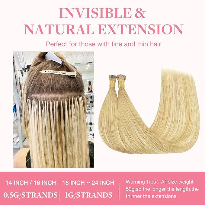 GOO GOO I Tip Hair Extensions Real Human Hair, 18inch 50g, Cold Fusion I Tip Hair Extensions, 18AT60A Pearl Ash Blonde Highlights