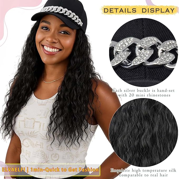 18-Inch Long Black Wig Hat, Synthetic Wavy Curly Wigs, Baseball Cap with Hair Extensions for Women
