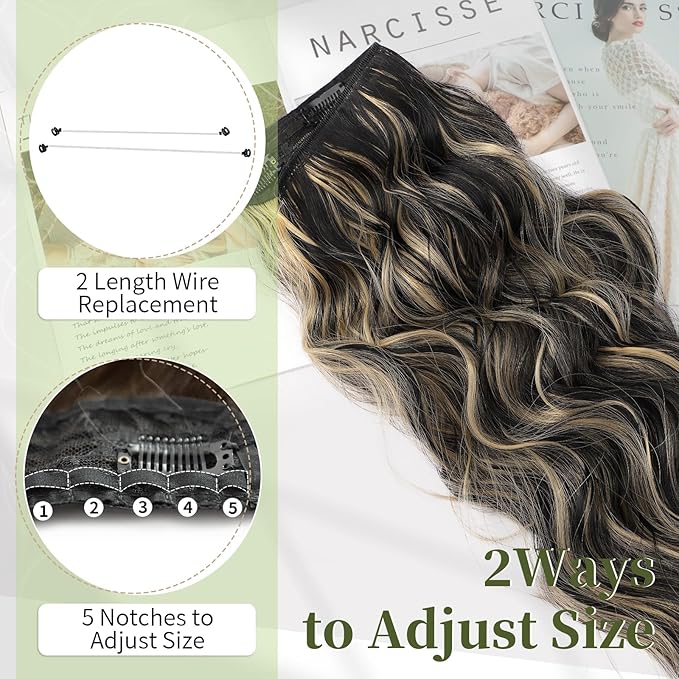 KooKaStyle Invisible Wire Hair Extensions with Transparent Headband Adjustable Size 4 Secure Clips Long Wavy Secret Wire Hairpiece 20 Inch for Women(Black with Blonde Highlights)