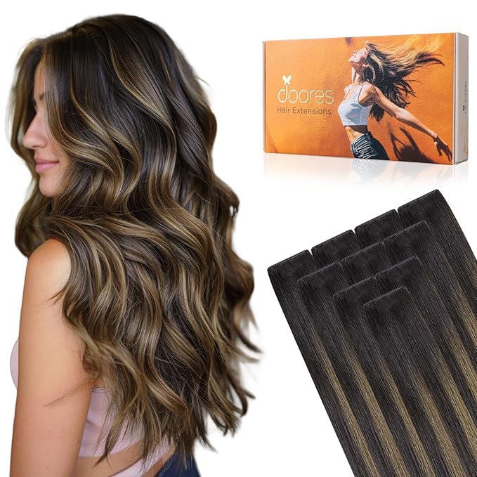 DOORES Invisible Tape in Human Hair Extensions Invisi Edge, Dark Brown to Chestnut Brown 10pcs Injection Tape-ins 25g 16 Inch, Natural Hair Injected Tape in Extensions Straight