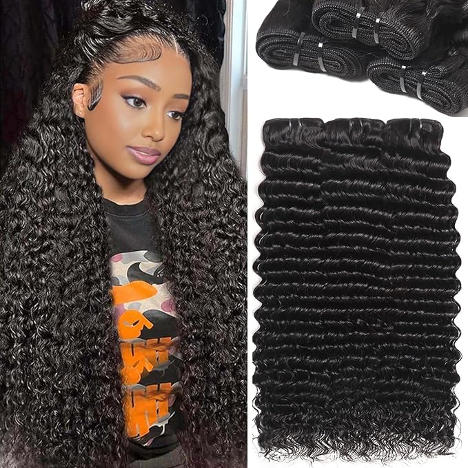 12A Brazilian Deep Wave Human Hair Bundles 18 20 22 Inch Brazilian Deep Curly Bundles Human Hair 3 Bundles 100% Unprocessed Virgin Weave Natural Black Extensions For Women