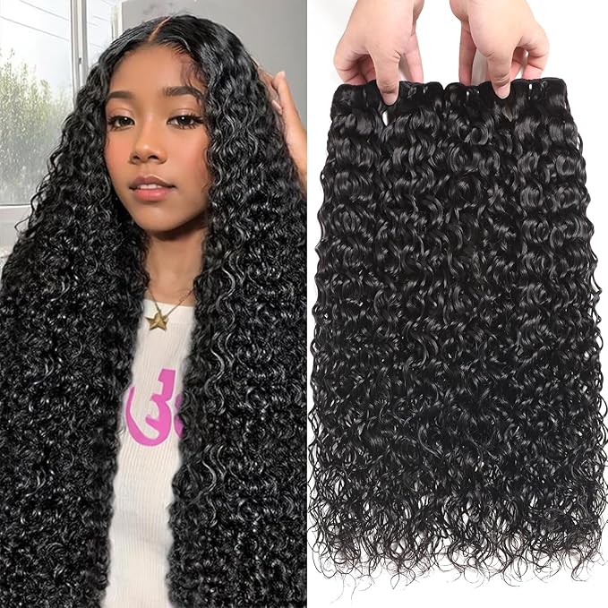 Bundles Human Hair Water Wave 4 Human Hair Bundles 24 26 28 30 Inch 10A Brazilian Virgin Raw Water Wave Bundles for Black Women Wet and Wavy Bundles Long Curly Hair Bundles Deals Natural Black Color