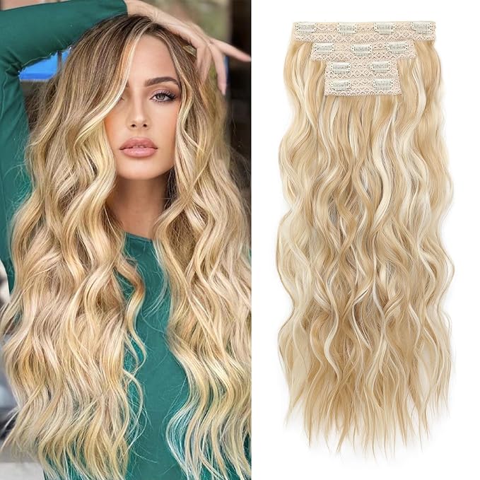 REECHO Clip in Hair Extensions, 4PCS Hair Extensions 24" Thick Long Beach Waves hair extensions HE003 Invisible Lace Weft Natural Soft Hairpieces for Women (Dirty Blonde)