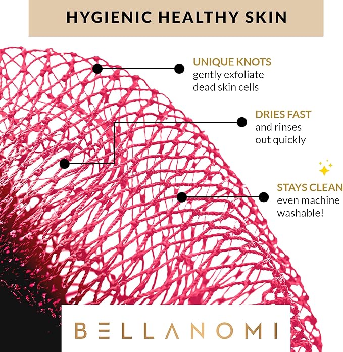 BELLANOMI 4 Piece African Exfoliating Net Sponge Long African Bath Sponge, Authentic Ethically Sourced from Nigeria, Great for Daily Use (Pink, Indigo, Seafoam, Blush)