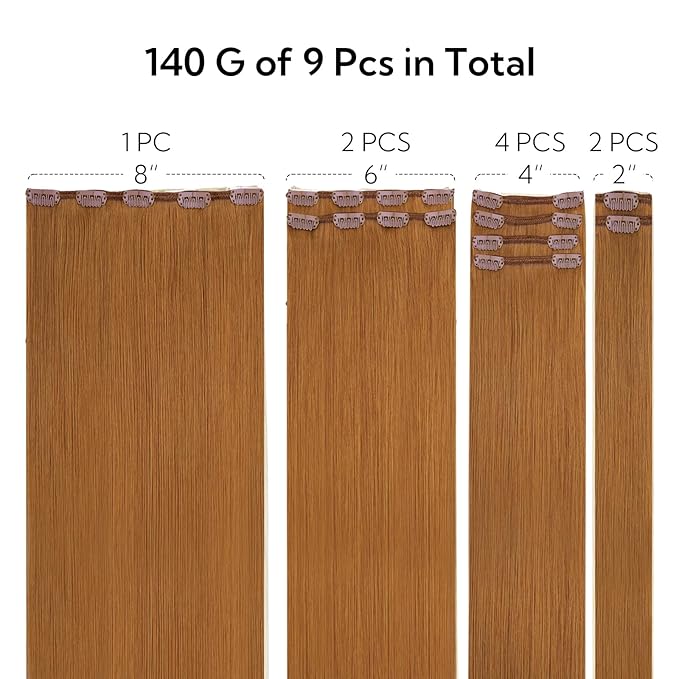 HOTBANANA Clip in Hair Extensions Real Human Hair, 150g 9pcs 24 inch Auburn Ginger Straight Remy Clip in Extensions Full Head for Women