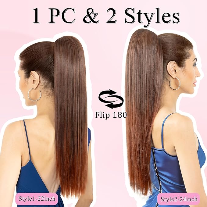 Ponytail Extension, 24" Long Straight Claw Clip Ponytail Extension clip on ponytails hair clip Hair claw clip Fake Ponytail Hairpieces for Women – Dark Brown with Copper Red End