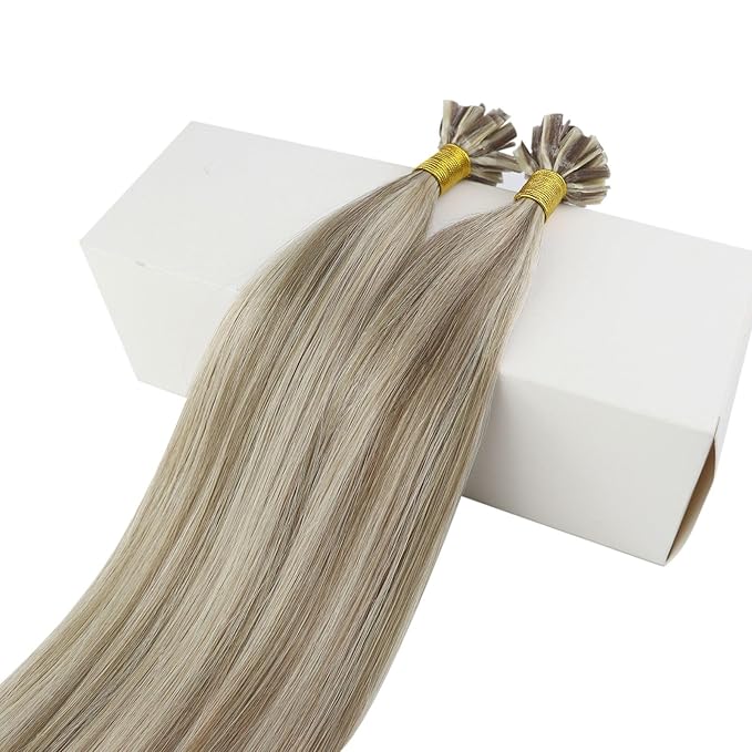 Fshine Nail Tip Real Human Hair Extensions Highlighted Light Brown With Platinum Blonde Remy Hair Extensions Keratin U Tip 18 Inch Pre Bonded Remy Hair Extensions Hot Fusion Hair Extensions 50g/50s