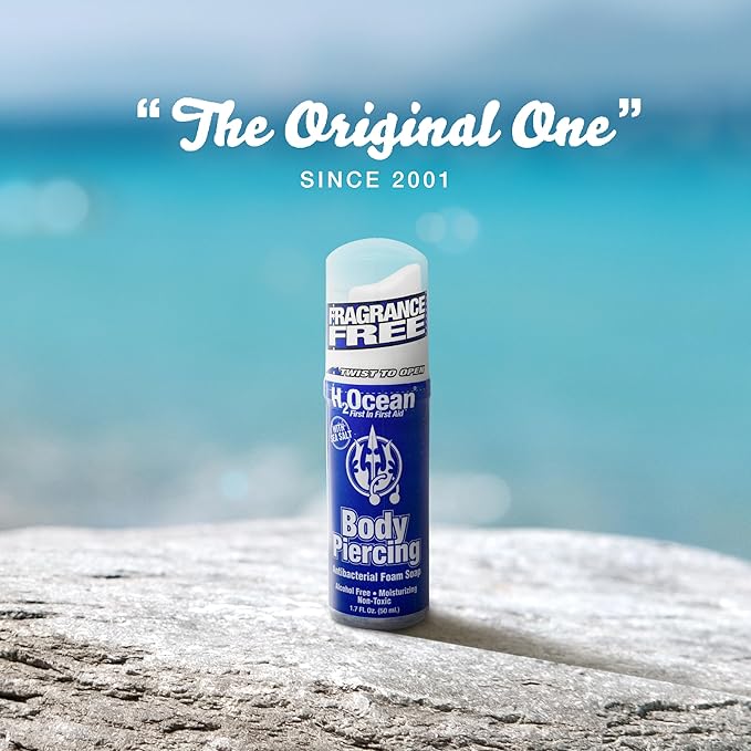 H2Ocean Patented Piercing Aftercare Spray Sea Salt Saline 4oz + Body Piercing Foam Soap Sea Salt Piercing Aftercare 1.7oz