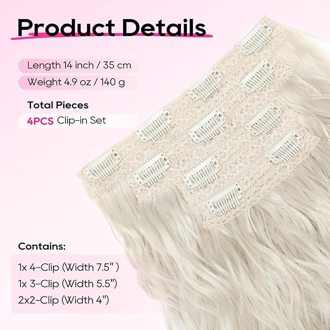 REECHO Clip in Hair Extensions, 4PCS Hair Extensions 14" Short Wavy Invisible Lace Weft Natural Soft Hairpieces for Women – Platinum Blonde