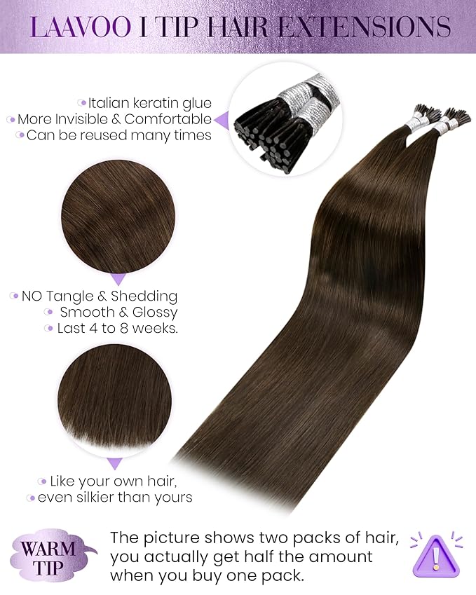 LaaVoo Itip Human Hair Extensions Brown I Tips Hair Extensions Real Human Hair Soft Hair I Tip Hair Extension Pre Bonded for Women 18inch 100s 100g