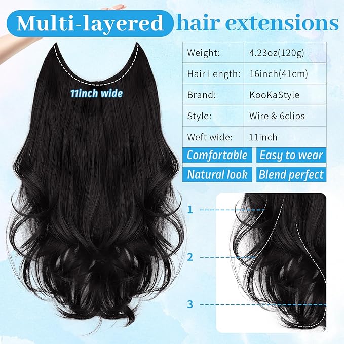 KooKaStyle Invisible Wire Hair Extensions with Transparent Wire Adjustable Size 6 Secure Clips Long Wavy Layered Synthetic Hair Extensions Natural Black 16 Inch
