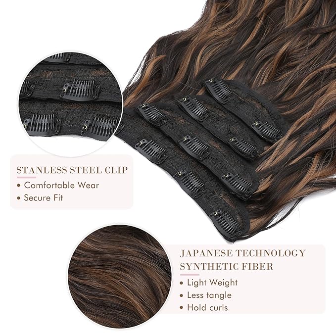 REECHO Hair Extensions, 4PCS Clip in Hair Extensions HE001 Natural Soft Synthetic Hairpieces for Women, Chestnut Brown With Blonde Highlights