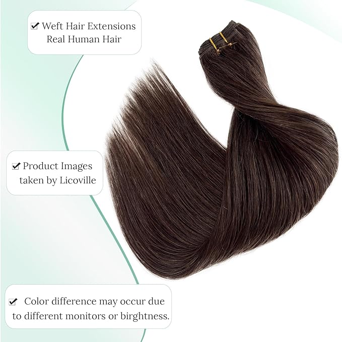 Dark Brown Human Hair Extensions Sew in 16 Inch 100G Straight Brown Sew in Hair Extensions Real Human Hair Bundles Soft Natural Hand Tied Hair Extension Wefts for Women