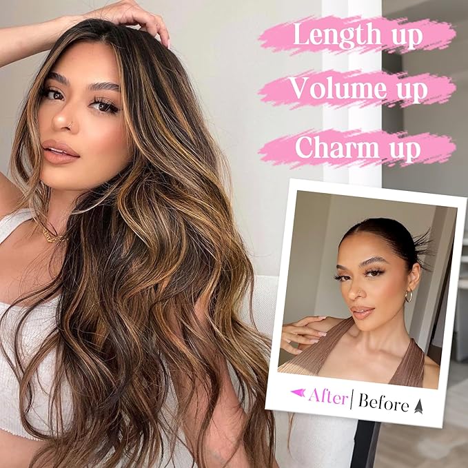 Invisible Wire Hair Extensions with Transparent Wire Adjustable Size 4 Secure Clips Long Wavy Secret Hairpiece 20 Inch for Women(Balayage Dark Brown to Chestnut)