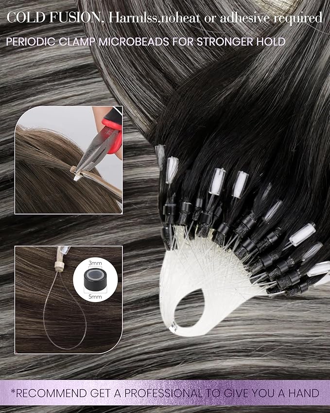 LaaVoo Micro Beads Hair Extensions Ombre Natural Black to Grey Silver Micro Loop Hair Extensions Real Human Hair Balayage Cold Fusion 18 Inch 50g/50s