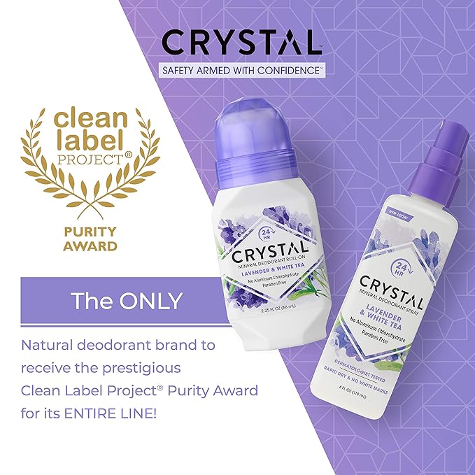 CRYSTAL Deodorant Aluminum Free Mineral Deodorant Roll-On for Women & Men, Lavender & White Tea - Paraben Free - Certified Cruelty Free & Vegan Deodorant - Prevents Odor Up to 24 Hours ,2.25 Fl Oz (Pack of 3),21661-3
