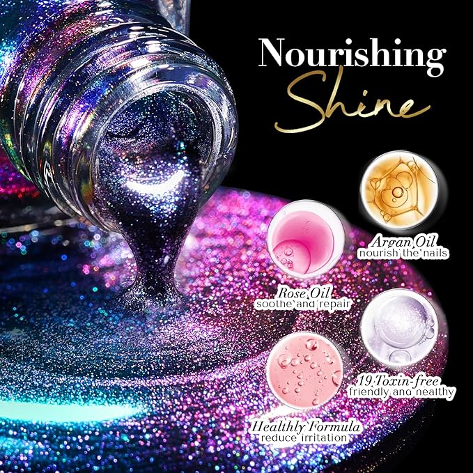 AZUREBEAUTY Chameleon Nail Polish no Gel Holographic Rainbow Glitter Natural Quick Dry Toenail Polish High Shine DIY Salon Home