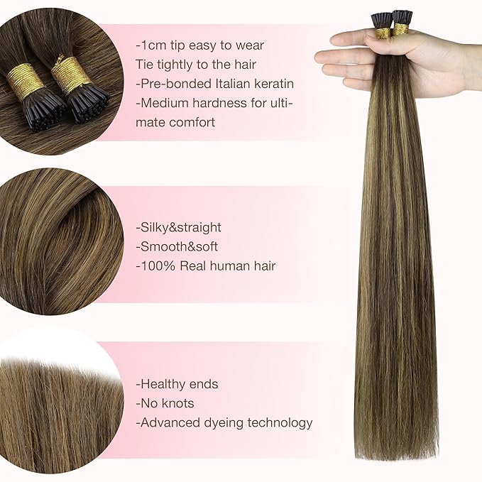 GOO GOO I Tip Hair Extensions Real Human Hair, 24inch 100g 100S, Cold Fusion I Tip Hair Extensions, Invisible Remy Hair Extensions, 4D/14/5B Brunette Balayage
