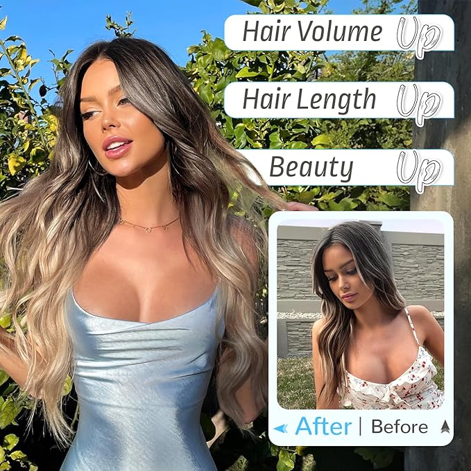 KooKaStyle Invisible Wire Hair Extensions Long Wavy Layered Synthetic Hair Extensions with Transparent Wire Adjustable Size 6 Secure Clips Brown to Blonde Hairpieces for Women 20 Inch