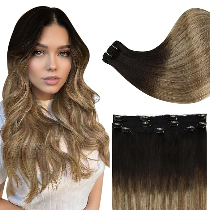 Full Shine Invisible Clip in Hair Extensions Human Hair 18 Inch Natural Black Ombre to Brown with Caramel Blonde Lace Weft Human Clip in Hair Extensions 3 PCS 60 G