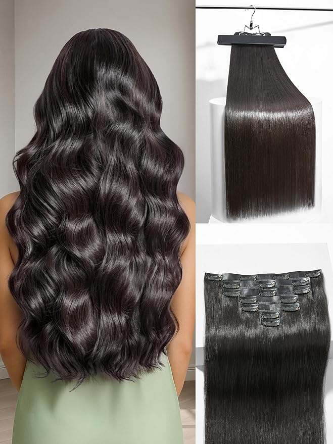 Frodio Clip Ins Hair Extensions Black: Remy Real Human Hair Pu Seamless Silk Long Straight Invisible Full Thick Virgin Brazilian Jet Black Natural Color Beauty For Women Can Be Body Wave 100g 7 Piece
