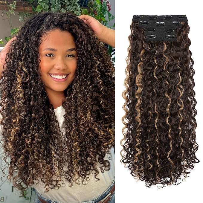 LONAI 4PC Clip in Hair Extensions, 100％ Pure Protein Silk Curly Hair Extension for Women, 26 Inch Long Soft Natural Hair Extensions-Brown with Deep Blonde Highlights