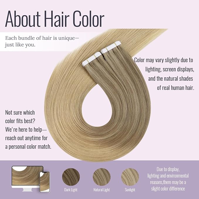 Fshine Brown With Blonde Tape in Hair Extensions 18 Inch - Golden Brown Mixed Dark Ash Blonde, Real Human Hair, Adhesive Long Extensions for Women, 20 pcs 50 g, for Women, Ladies and Girls