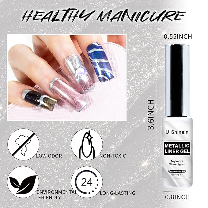 12ml Metallic Painting Gel Liner Nail Art 3D Mirror Chrome Effect Metal Painted Drawing Build in Thin Brush Soak Off UV/LED Silver Striper Gel for Salon Home DIY Manicure