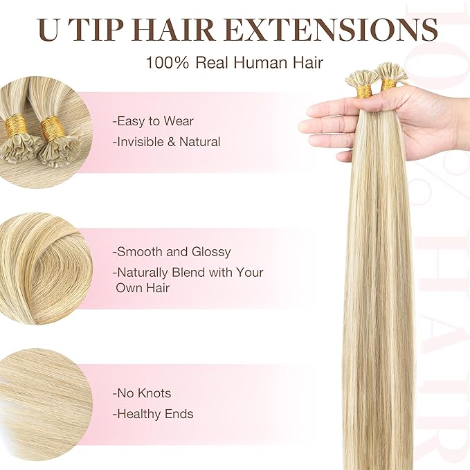 GOO GOO U Tip Hair Extensions Real Human Hair, 16inch 50g 50S, Hot Fusion U Tip Hair Extensions, Invisible Remy Hair Extensions, 18A/613A Dark Blonde Highlighted Bleach Blonde
