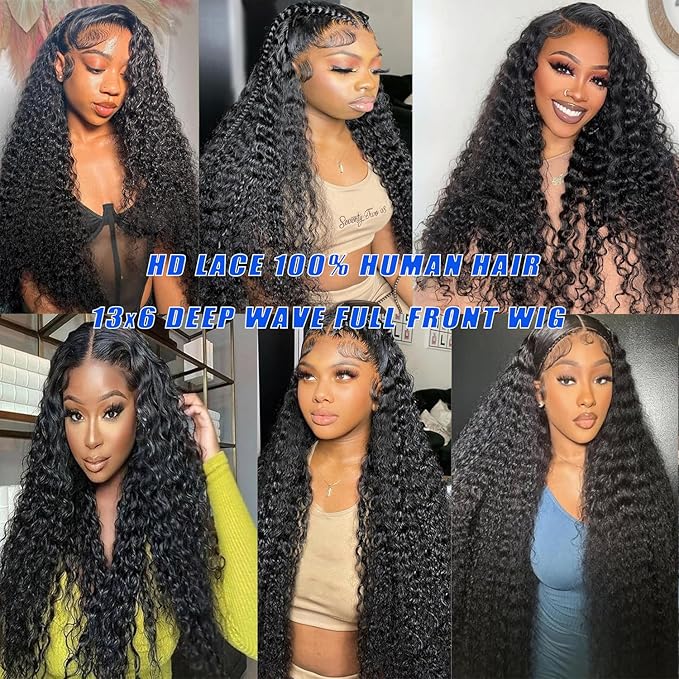 Manorshen 20Inch 13x6 Wet and Wavy Deep Wave Lace Frontal Wigs Brazilian Virgin Lace Front Deep Curly Wave Glueless Human Hair Pre Plucked Wig 180% Denisty With Baby Hair Natural Black