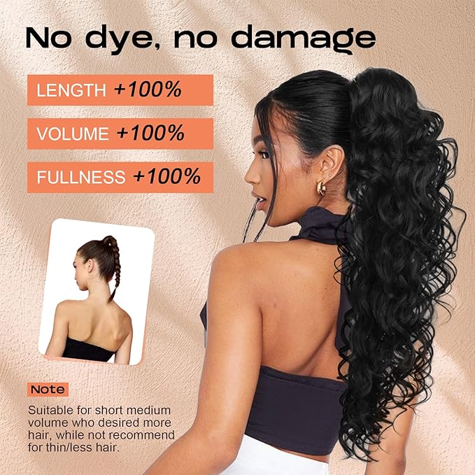 SEIKEA Ponytail Extension, 24" Fluffy Long Wavy Curly Claw Clip Hair Extensions Ponytail Multi-layered Clip in Fake Pony Tails Natural Soft Synthetic Hairpiece Chocolate Brown with Highlights