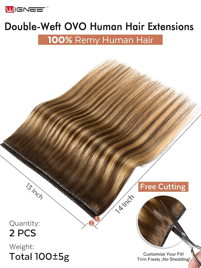 WIGNEE 14 Inch New Double Layered PU OVO Human Hair Extensions Highlight Honey Blonde Straight Human Hair Weft with Beads 100% Real Human Hair Extensions for Women Glueless (T4/27)