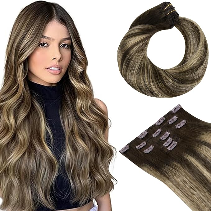 HOTBANANA Clip in Hair Extensions, 16 inch 75g 5pcs Chocolate Brown with Honey Blonde Clip in Hair Extensions Real Human Hair Remy Hair Stright Clip in Hair Extensions